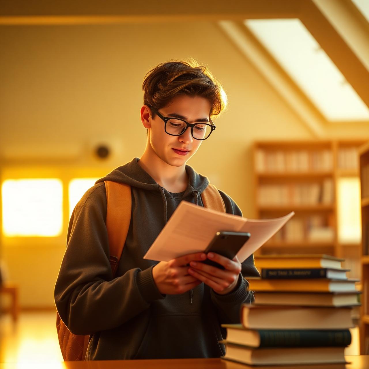 Student comparing course syllabi on phone in a warm library